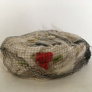 vintage white hat black netting floral design